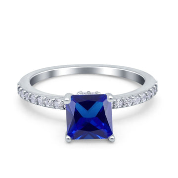 Cushion Cut Art Deco Vintage Engagement Wedding Bridal Ring Round Simulated Blue Sapphire CZ 925 Sterling Silver